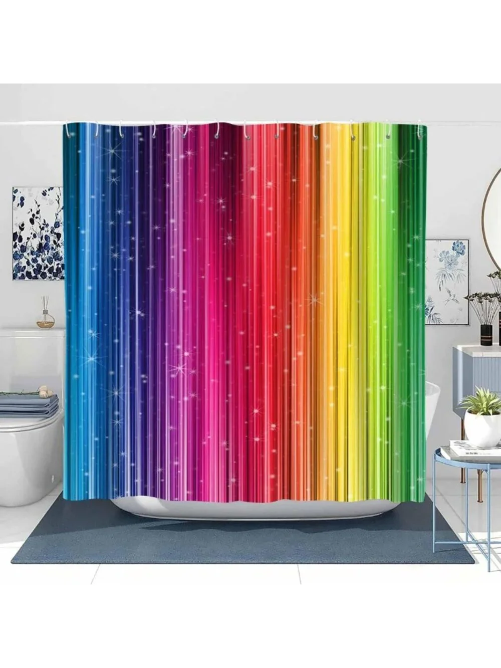 Vibrant Rainbow Striped Shower Curtain, 72x78 Inch, Colorful Bathroom Decor